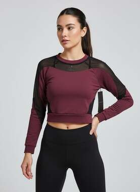 NUX Maroon Black Mesh Detail Long Sleeve Active Crop Top Women's Size Small